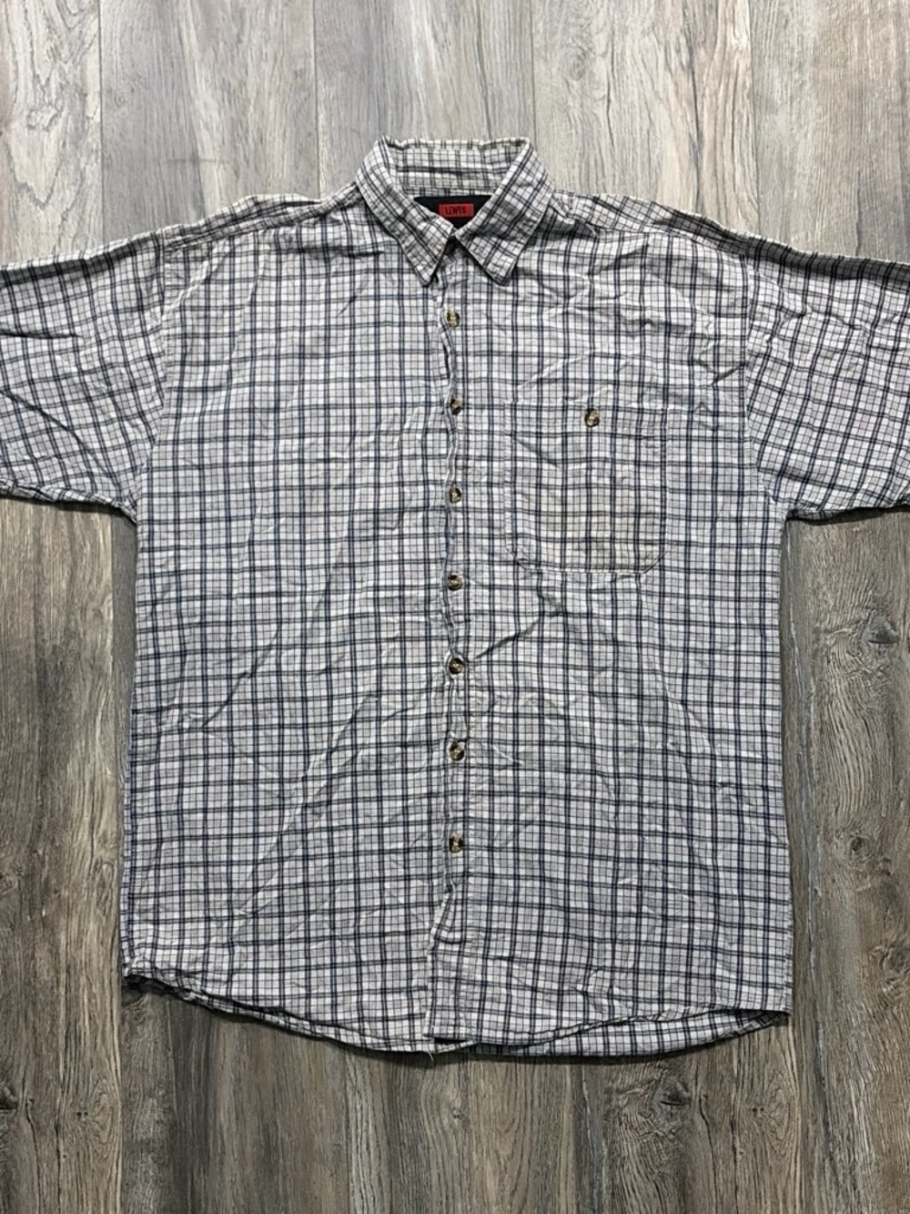 Vintage Lewis Plaid Button Up Shirt Gray Short Sleeve Large